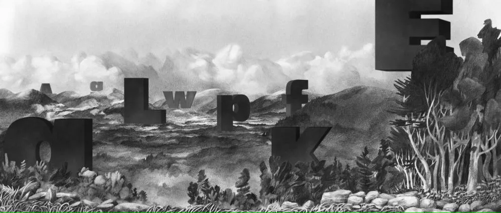 Un panorama montagneux dans lequel se fond une série de lettres géantes en volume.