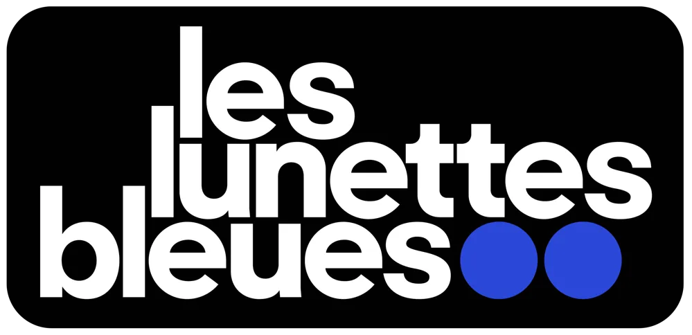 Le même logotype en blanc sur un cartouche noir, avec les deux ronds toujours en bleu.