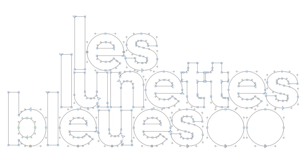 Le même logotype, mais en capture d’écran sur un logiciel de dessin de caractères, en contours avec les nœuds et les poignées visibles.