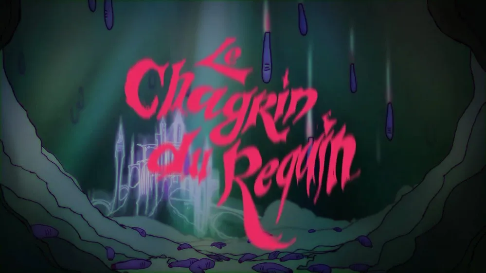 "Le titre est rouge, flottant dans le fond de l’océan, accompagné dans sa chute par des cadavres de requins ; un  chateau brille en arrière plan."
