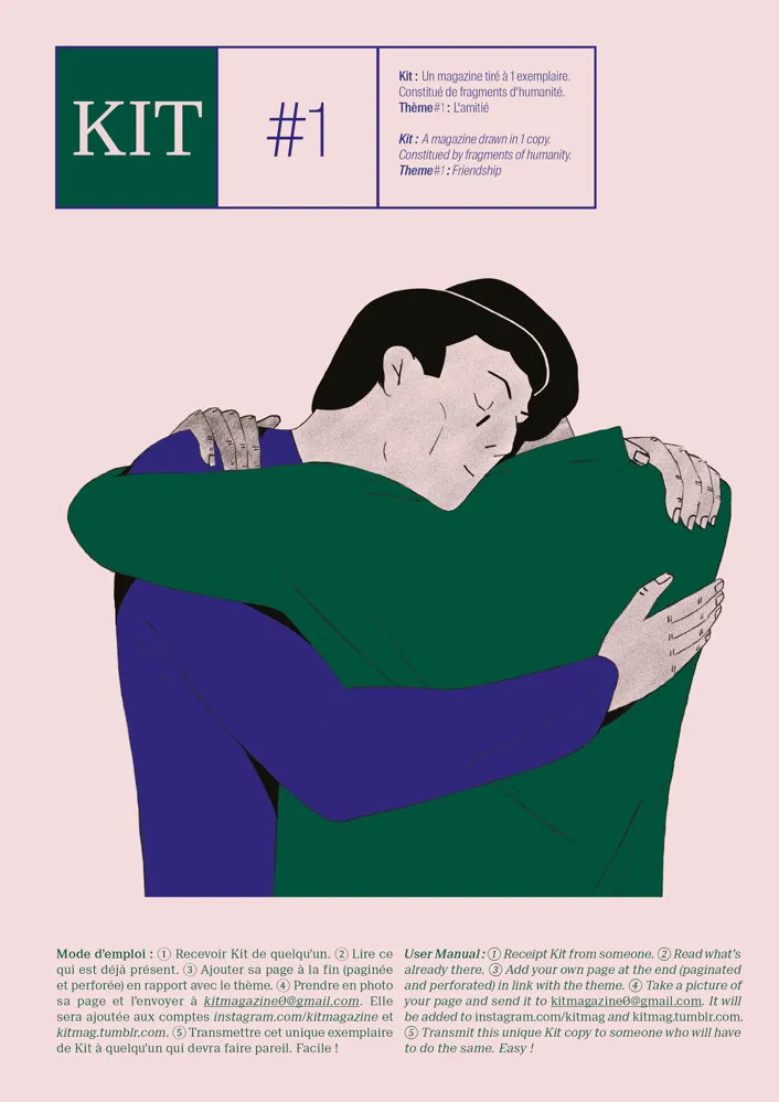 Couverture de la revue, avec le logo, la thématique, et un mode d’emploi ; et une illustration en ligne claire au milieu avec deux personnes se serrant des les bras.