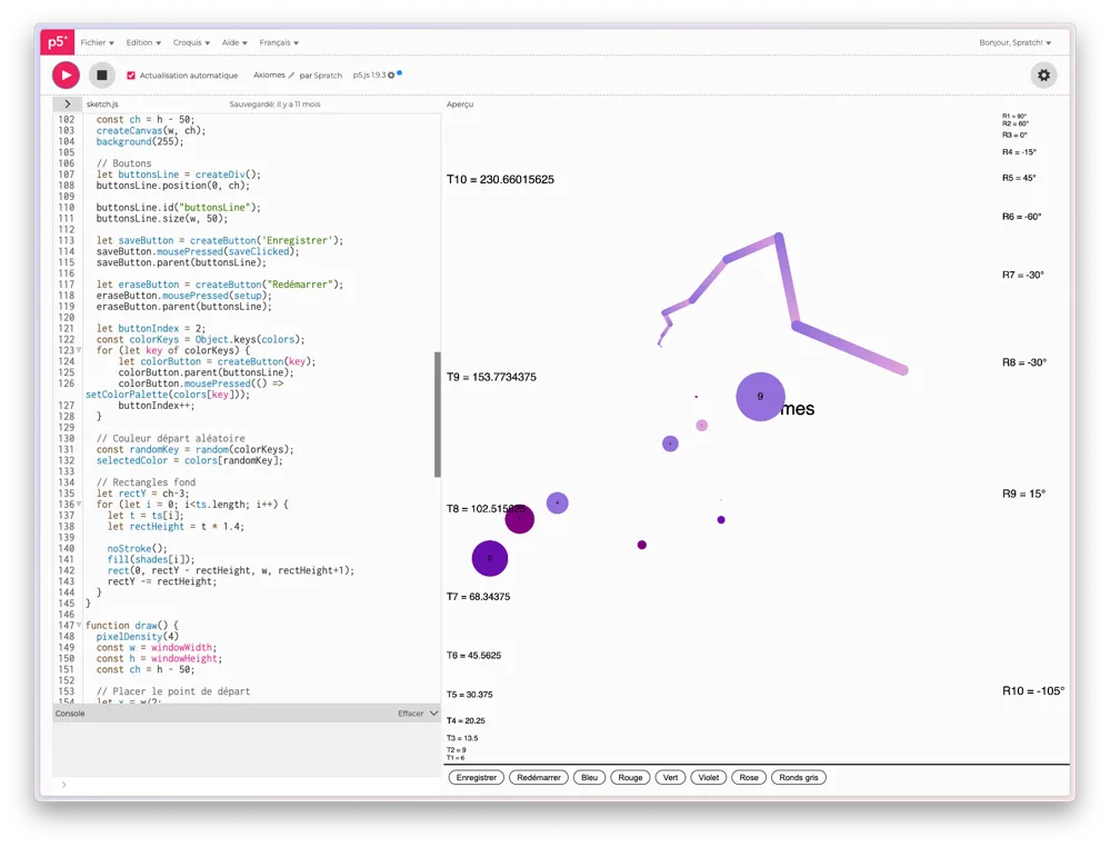 Interface de P5.js avec le code et le résultat généré. Des segments violets se touchants.